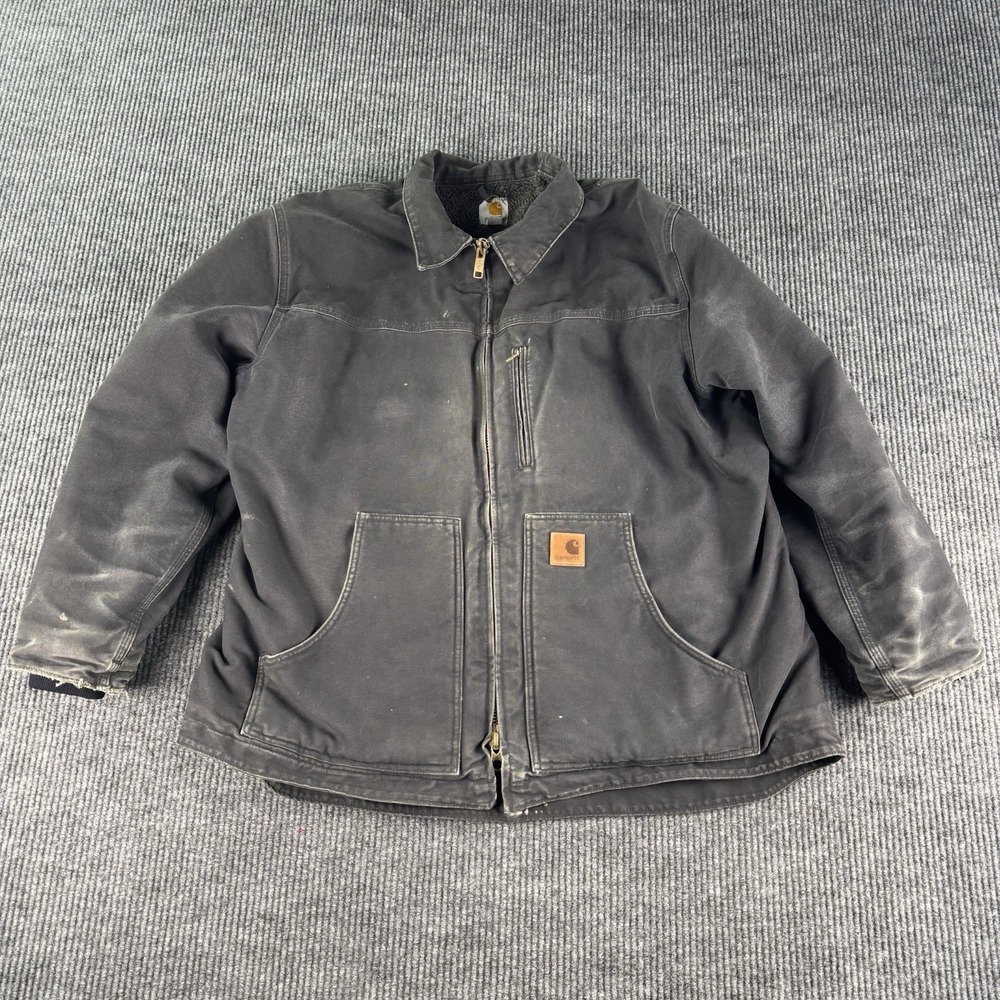 Carhartt C61 Jacket Men 2XL Black Canvas Duck Sherpa Lined Workwear Distressed
